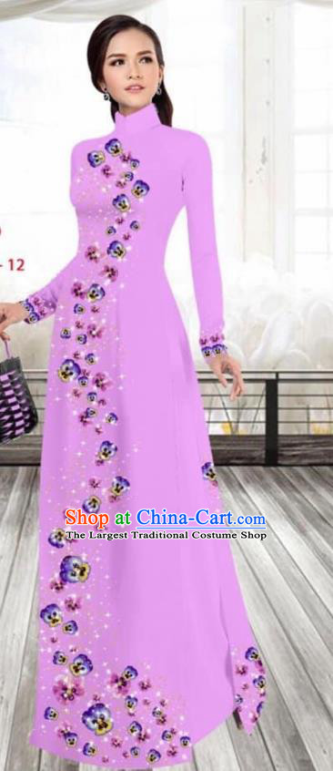 Asian Vietnam Traditional Female Costume Vietnamese Printing Lilac Cheongsam Ao Dai Qipao Dress for Women