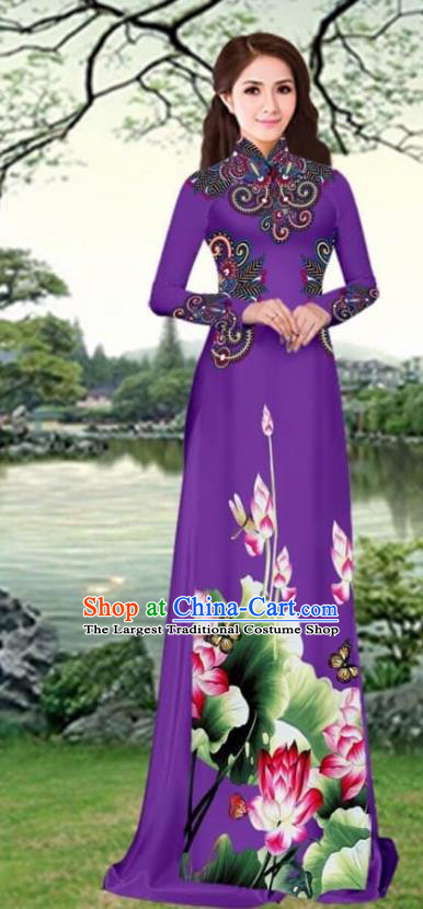 Asian Traditional Vietnam Female Costume Vietnamese Printing Lotus Purple Cheongsam Ao Dai Qipao Dress for Women