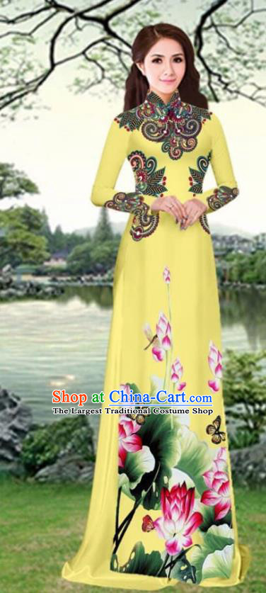 Asian Traditional Vietnam Female Costume Vietnamese Printing Lotus Yellow Cheongsam Ao Dai Qipao Dress for Women