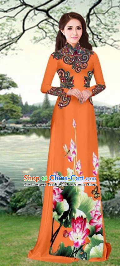 Asian Traditional Vietnam Female Costume Vietnamese Printing Lotus Orange Cheongsam Ao Dai Qipao Dress for Women