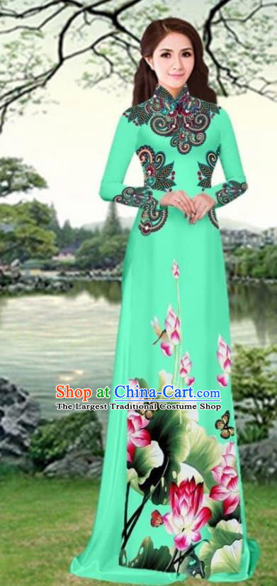 Asian Traditional Vietnam Female Costume Vietnamese Printing Lotus Green Cheongsam Ao Dai Qipao Dress for Women