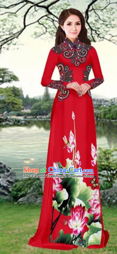 Asian Traditional Vietnam Female Costume Vietnamese Printing Lotus Red Cheongsam Ao Dai Qipao Dress for Women