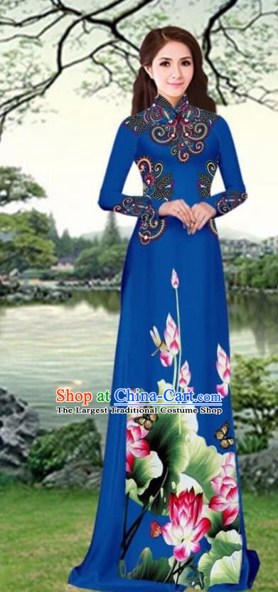 Asian Traditional Vietnam Female Costume Vietnamese Printing Lotus Navy Cheongsam Ao Dai Qipao Dress for Women