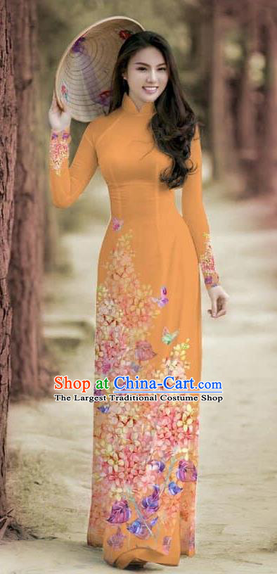Asian Traditional Vietnam Female Costume Vietnamese Bride Cheongsam Orange Ao Dai Qipao Dress for Women