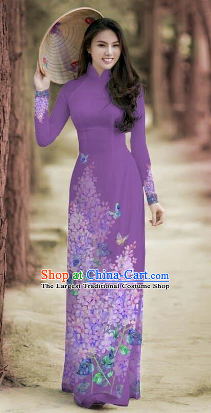 Asian Traditional Vietnam Female Costume Vietnamese Bride Cheongsam Purple Ao Dai Qipao Dress for Women