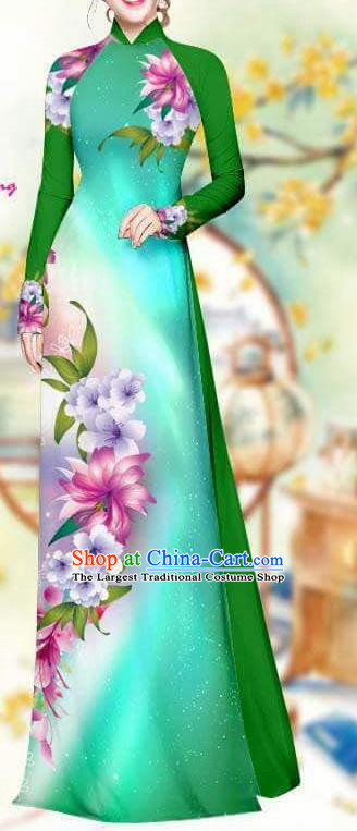 Asian Traditional Vietnam Female Costume Vietnamese Bride Deep Green Cheongsam Ao Dai Qipao Dress for Women