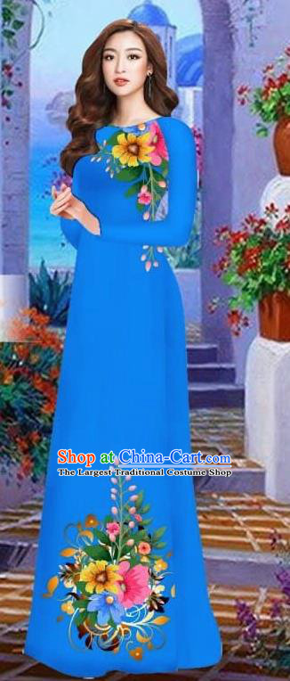 Asian Vietnam Traditional Female Costume Vietnamese Royalblue Cheongsam Printing Ao Dai Qipao Dress for Women
