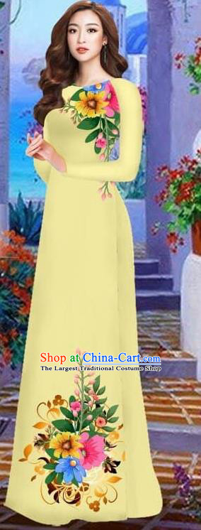 Asian Vietnam Traditional Female Costume Vietnamese Yellow Cheongsam Printing Ao Dai Qipao Dress for Women