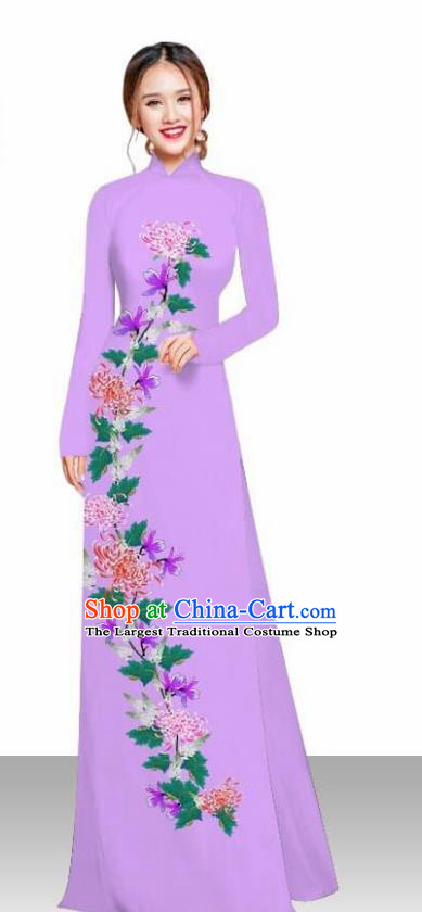 Asian Vietnam Traditional Female Costume Vietnamese Printing Chrysanthemum Lilac Ao Dai Qipao Dress for Women