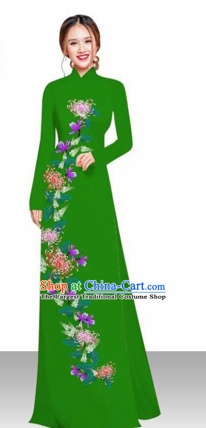 Asian Vietnam Traditional Female Costume Vietnamese Printing Chrysanthemum Green Ao Dai Qipao Dress for Women