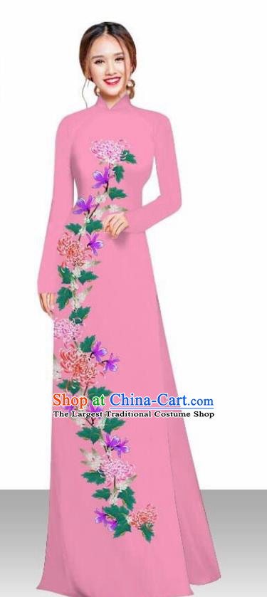 Asian Vietnam Traditional Female Costume Vietnamese Printing Chrysanthemum Pink Ao Dai Qipao Dress for Women