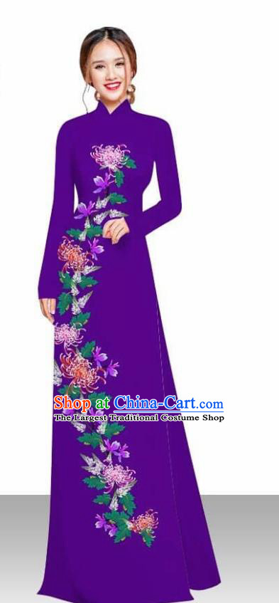 Asian Vietnam Traditional Female Costume Vietnamese Printing Chrysanthemum Purple Ao Dai Qipao Dress for Women