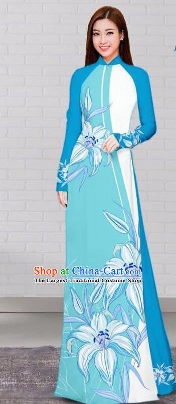 Asian Traditional Vietnam Costume Vietnamese Bride Cheongsam Light Blue Ao Dai Qipao Dress for Women