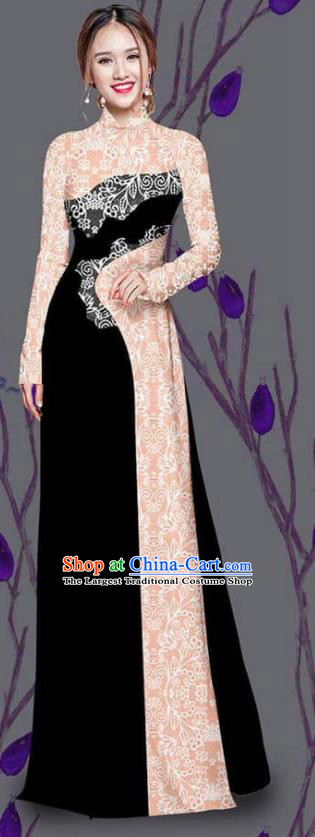 Asian Traditional Vietnam Costume Ao Dai Qipao Dress Vietnamese Bride Black Cheongsam for Women