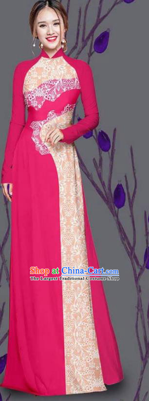 Asian Traditional Vietnam Costume Ao Dai Qipao Dress Vietnamese Bride Rosy Cheongsam for Women
