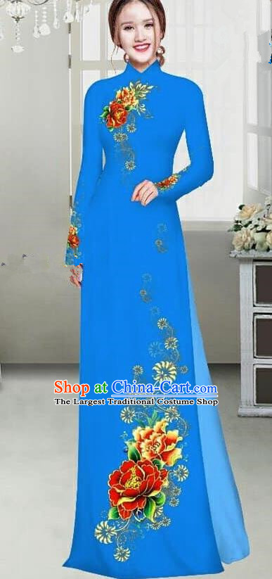 Asian Traditional Vietnam Female Ao Dai Costume Vietnamese Bride Printing Peony Blue Cheongsam for Women