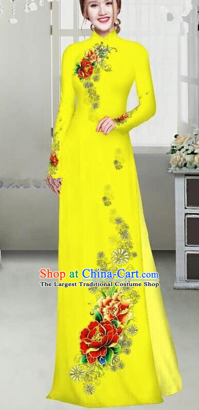 Asian Traditional Vietnam Female Ao Dai Costume Vietnamese Bride Printing Peony Bright Yellow Cheongsam for Women