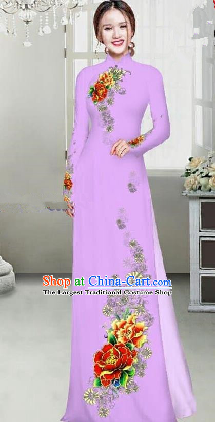 Asian Traditional Vietnam Female Ao Dai Costume Vietnamese Bride Printing Peony Lilac Cheongsam for Women