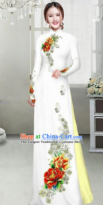 Asian Traditional Vietnam Female Ao Dai Costume Vietnamese Bride Printing Peony White Cheongsam for Women