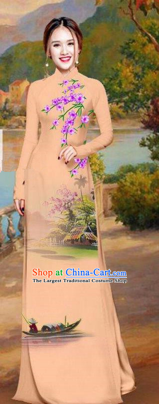 Asian Traditional Vietnam Bride Costume Vietnamese Printing Khaki Ao Dai Cheongsam for Women