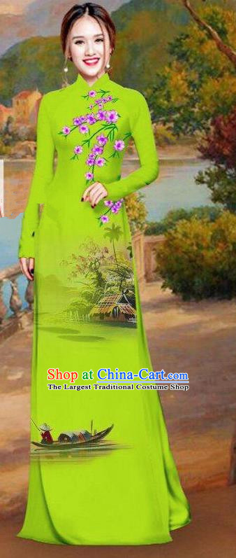 Asian Traditional Vietnam Bride Costume Vietnamese Printing Green Ao Dai Cheongsam for Women