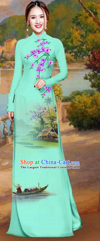 Asian Traditional Vietnam Bride Costume Vietnamese Printing Light Green Ao Dai Cheongsam for Women