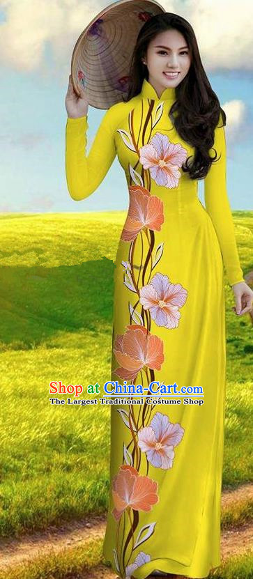 Vietnam Traditional Bride Costume Yellow Qipao Dress Vietnamese Printing Morning Glory Ao Dai Cheongsam for Women