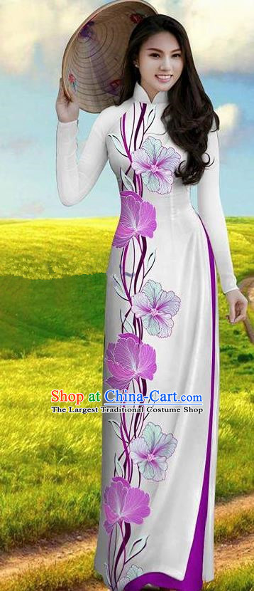 Vietnam Traditional Bride Costume Lilac Ao Dai Qipao Dress Vietnamese Printing Morning Glory Cheongsam for Women
