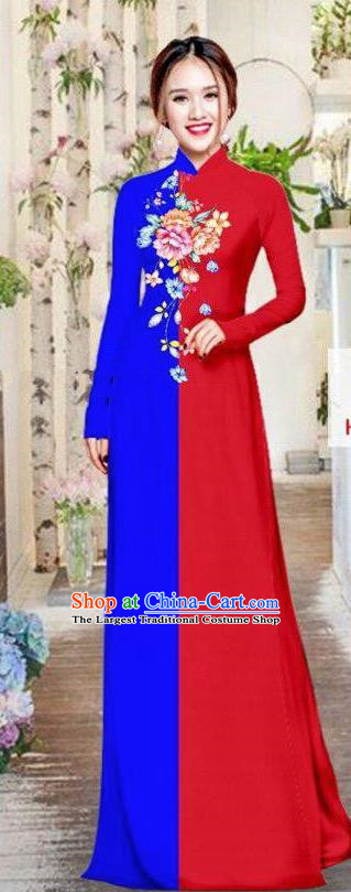 Vietnam Traditional Costume Red and Blue Ao Dai Qipao Dress Vietnamese Cheongsam for Women