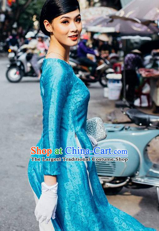 Vietnam Traditional Costume Blue Ao Dai Qipao Dress Vietnamese Cheongsam for Women