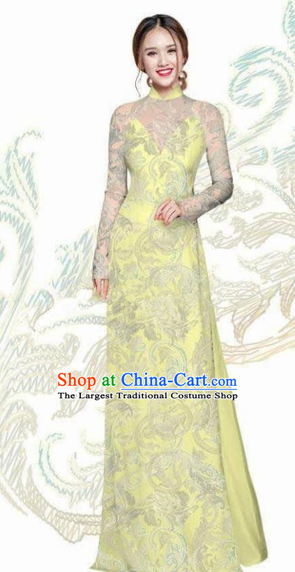 Vietnam Traditional Bride Costume Vietnamese Yellow Ao Dai Qipao Dress Cheongsam for Women