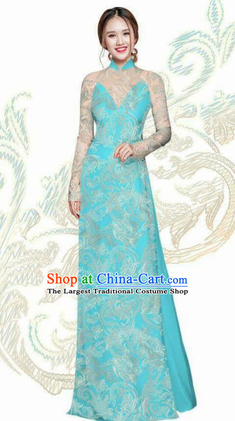 Vietnam Traditional Bride Costume Vietnamese Blue Ao Dai Qipao Dress Cheongsam for Women