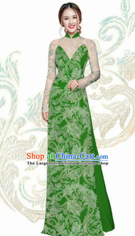 Vietnam Traditional Bride Costume Vietnamese Green Ao Dai Qipao Dress Cheongsam for Women