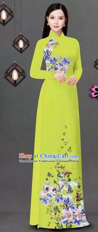 Vietnam Traditional Bride Costume Vietnamese Printing Flowers Yellow Ao Dai Qipao Dress Cheongsam for Women