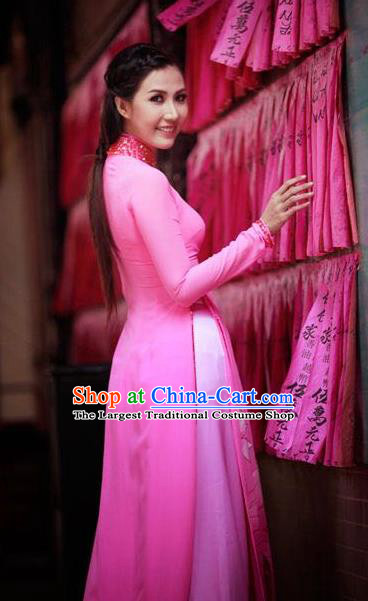 Vietnam Traditional Bride Costume Vietnamese Printing Lotus Ao Dai Qipao Dress Cheongsam for Women