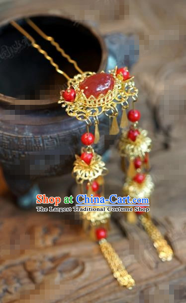 Chinese Ancient Wedding Hair Jewelry Accessories Palace Tassel Step Shake Agate Hairpins for Women