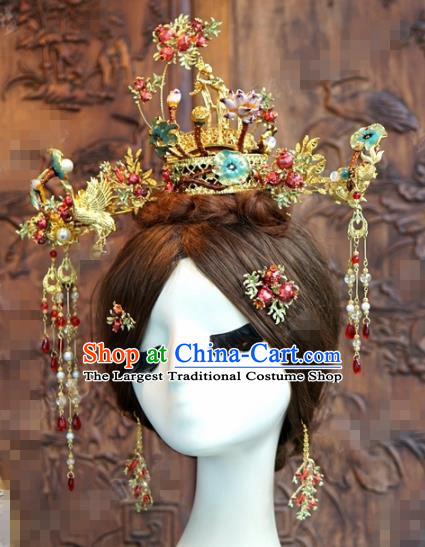 Chinese Ancient Hair Accessories Wedding Bride Crane Hair Clips Hairpins Complete Set for Women