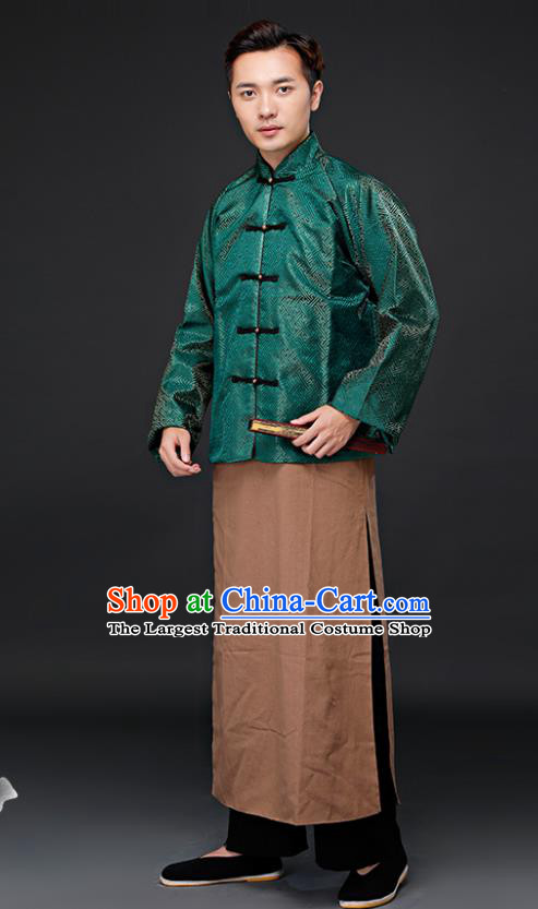 Chinese Ancient Republican Period Landlord Costumes Long Robe and Green Mandarin Jacket for Men