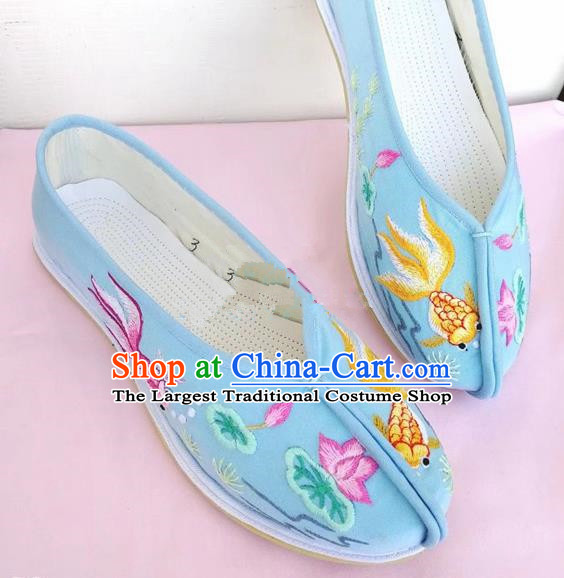 Chinese Traditional Hanfu Shoes Embroidered Lotus Blue Shoes Handmade Cloth Shoes for Women