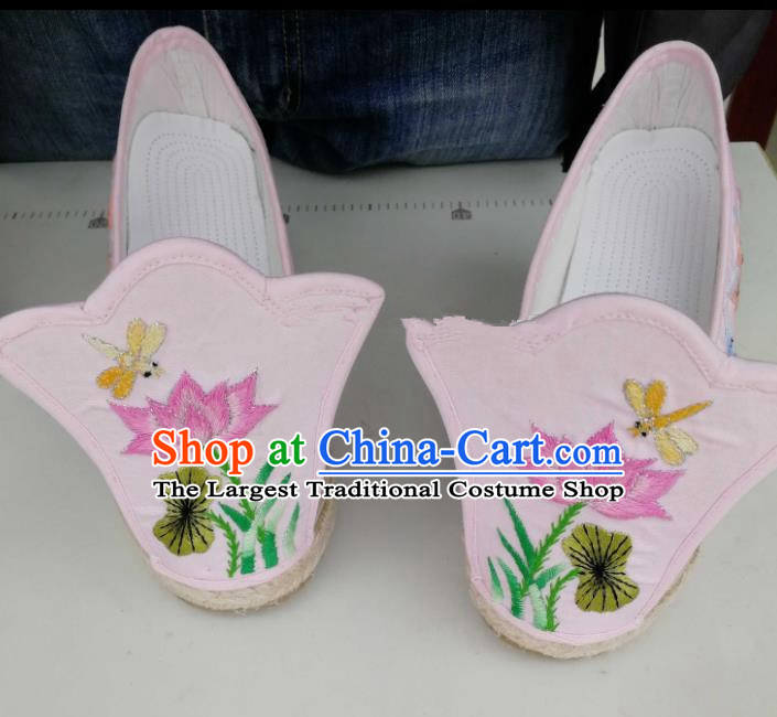 Chinese Traditional Hanfu Pink Shoes Embroidered Lotus Shoes Handmade Cloth Shoes for Women