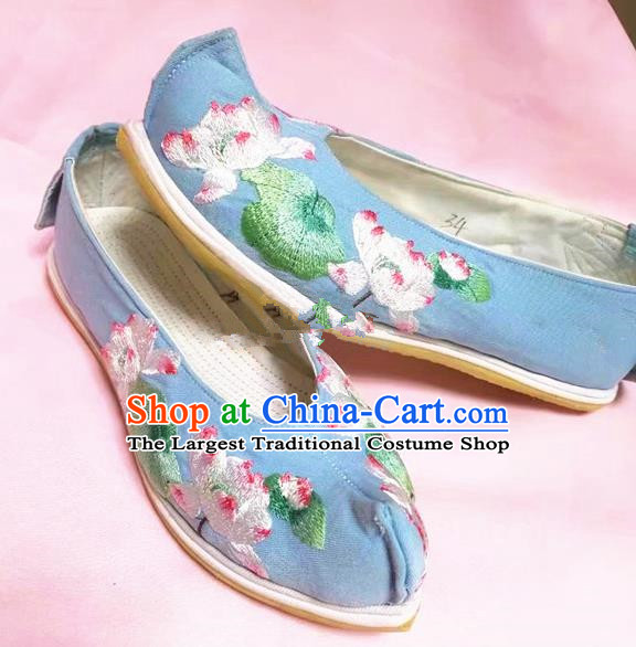 Chinese Traditional Hanfu Shoes Embroidered Lotus Shoes Handmade Blue Cloth Shoes for Women