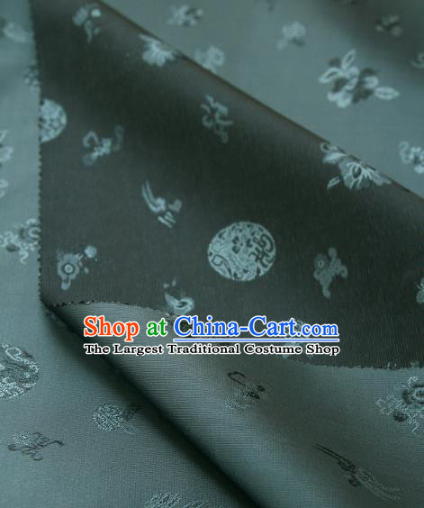 Traditional Asian Classical Flowers Pattern Cloth Drapery Navy Blue Brocade Korean Hanbok Palace Satin Silk Fabric