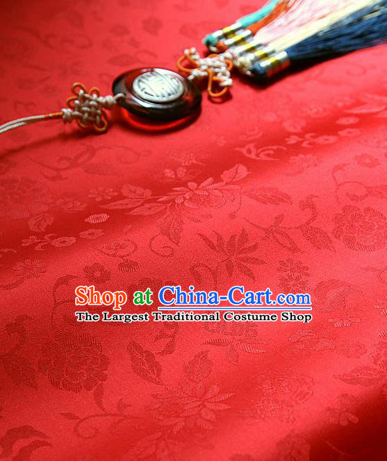 Traditional Asian Classical Flowers Pattern Cloth Drapery Red Brocade Korean Hanbok Palace Satin Silk Fabric