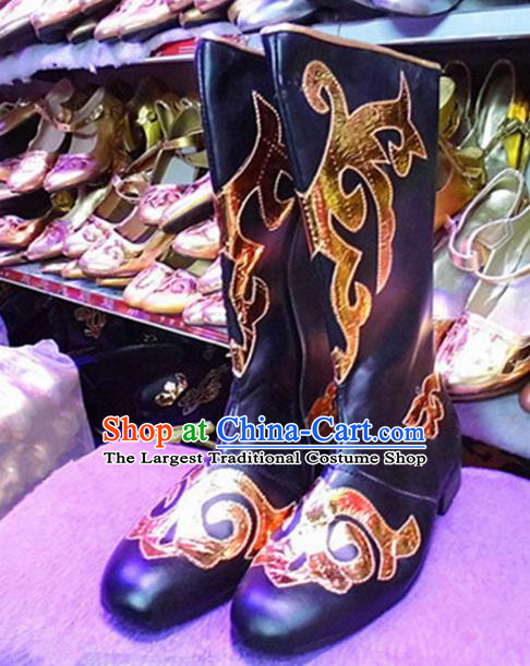 Chinese Ethnic Folk Dance Shoes Traditional National Uyghur Nationality Black Boots for Men