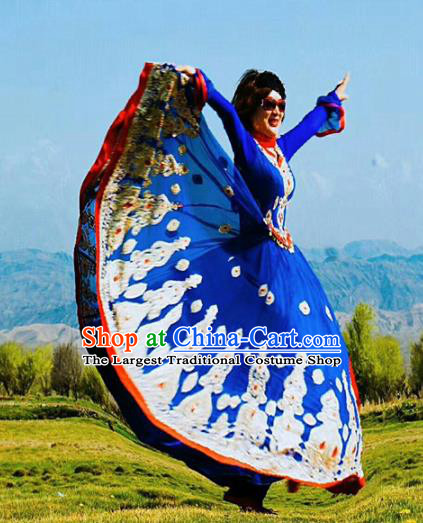 Chinese Ethnic Folk Dance Deep Blue Dress Traditional National Uyghur Nationality Costumes for Women
