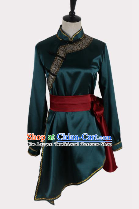 Chinese Ethnic Minority Embroidered Atrovirens Blouse Traditional Mongols Nationality Folk Dance Costume for Women