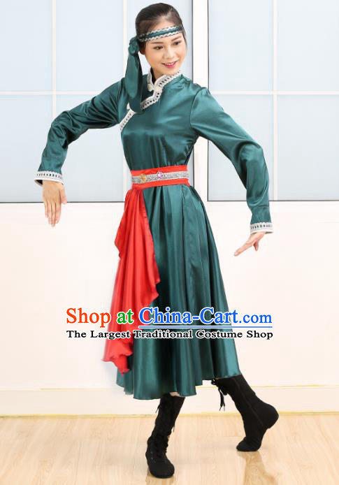 Chinese Mongolian Ethnic Minority Green Dress Traditional Nationality Folk Dance Costume for Women