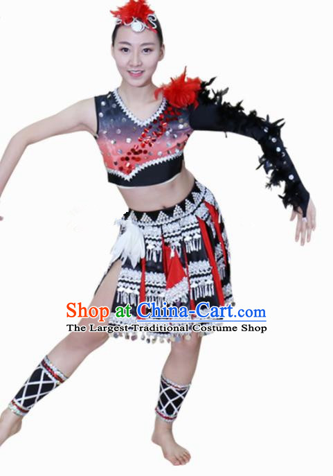 Chinese Ethnic Minority Dress Traditional Wa Nationality Folk Dance Costume for Women