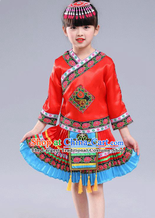 Chinese Traditional Miao Nationality Folk Dance Red Pleated Skirt Ethnic Dance Costumes for Kids