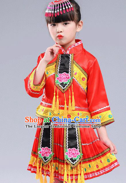 Chinese Traditional Miao Nationality Folk Dance Red Pleated Skirt Ethnic Dance Embroidered Costumes for Kids